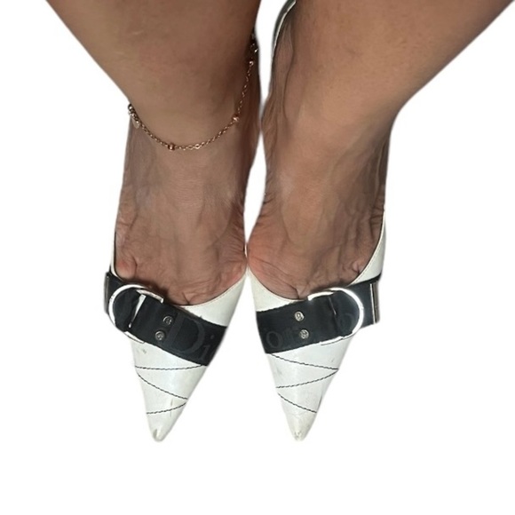 Dior Shoes 36 Logo Pumps Pointed High Heels White Silver Studs Charms Spellout - Picture 2 of 10